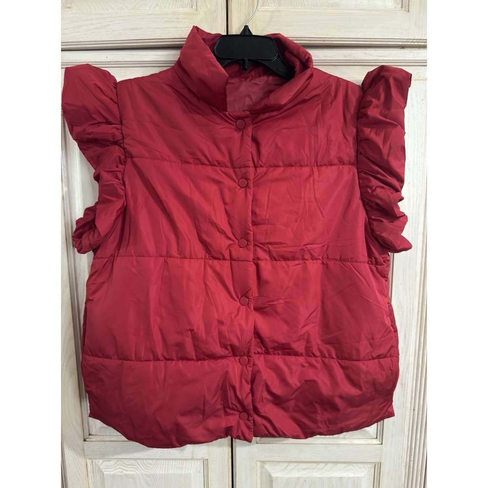 New Burgundy Red Puffer Vest Sz XL Ruffle Arms Snap Front Adorable